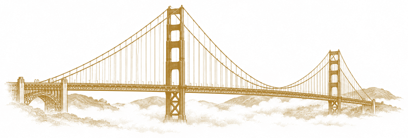 Engraving of the Golden Gate Bridge in fog